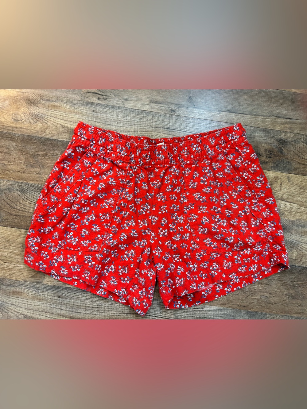St John’s Bay Women’s Shorts Medium Red Floral Linen Rayon Elastic Waist